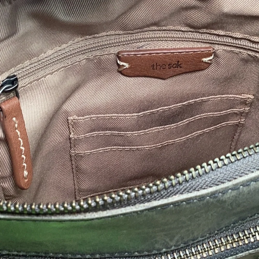 The Sak Leather Gray/ Green Embossed Leather Backpack